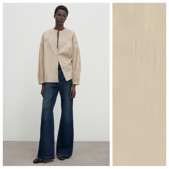 Massimo Dutti Tops - NWT. Massimo Dutti Beige Gathered Mandarin Collar Shirt. Size XS.